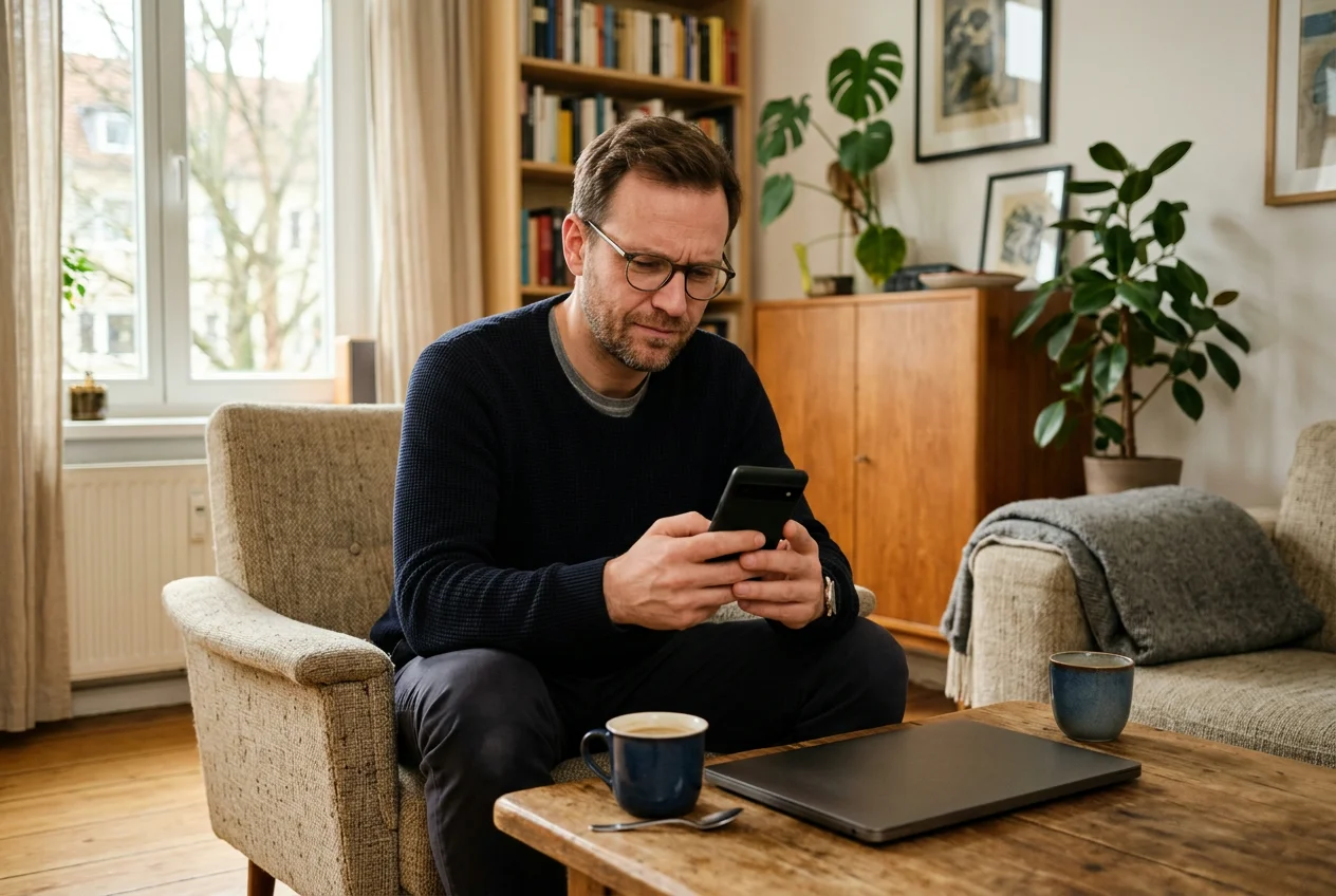 Mann prüft zu Hause am Smartphone, ob eine Gutschrift eingegangen ist